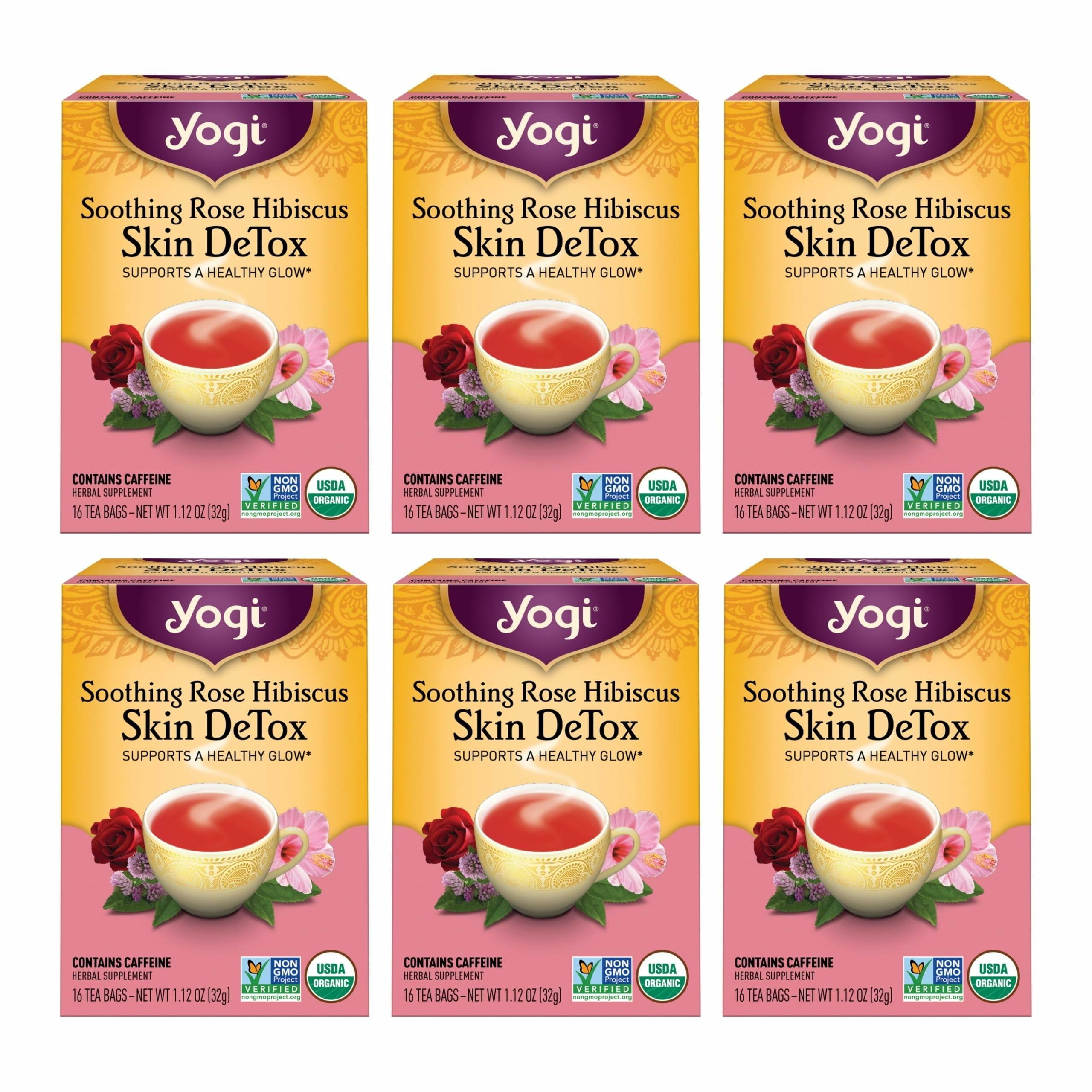 Yogi Soothing Rose Hibiscus Tea pack with six-pack box, convenient organic detox.