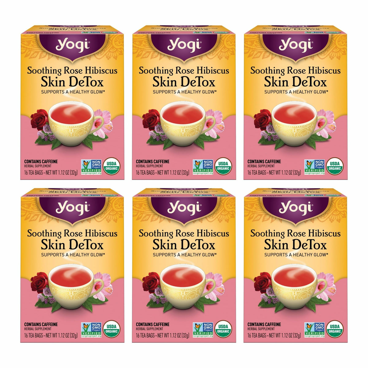 Yogi Soothing Rose Hibiscus Tea pack with six-pack box, convenient organic detox.