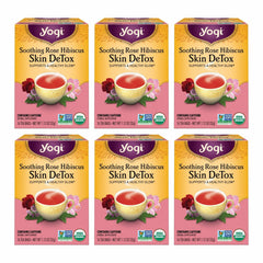 Yogi Soothing Rose Hibiscus Tea pack with six-pack box, convenient organic detox.