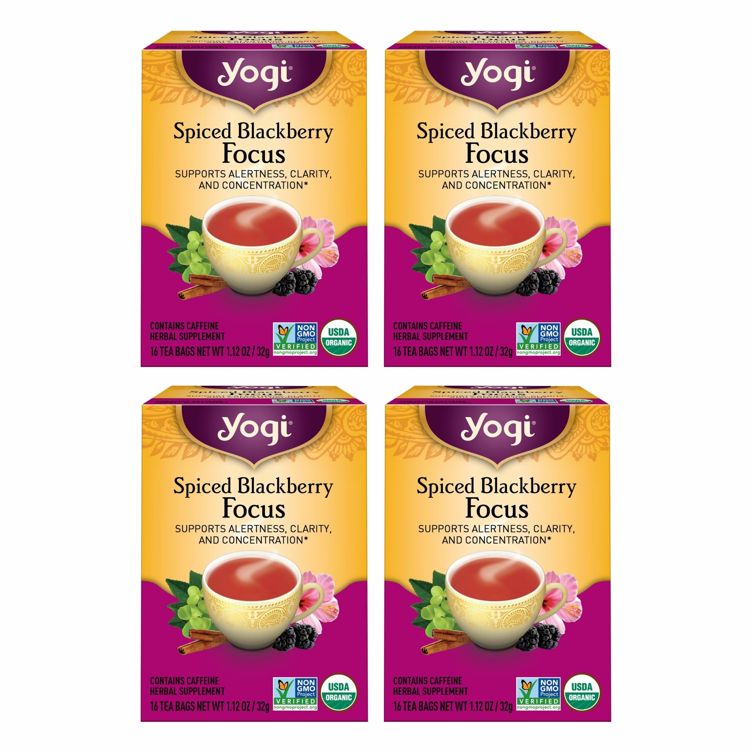 Yogi Spiced Blackberry Focus tea bag close-up for a focus-friendly pick-me-up.