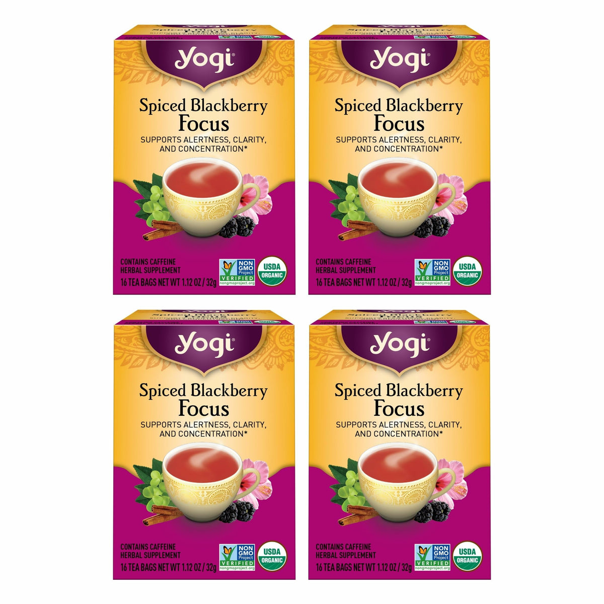 Yogi Spiced Blackberry Focus tea bag close-up for a focus-friendly pick-me-up.