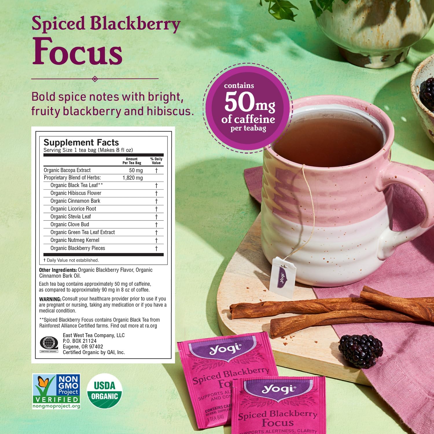 Yogi Spiced Blackberry Focus tea bag helps you stay focused during breaks.