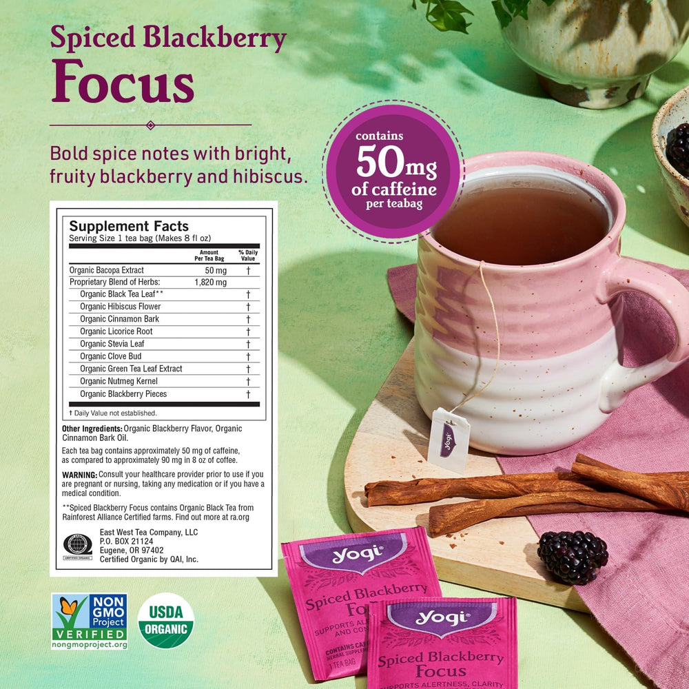 Yogi Spiced Blackberry Focus tea bag helps you stay focused during breaks.