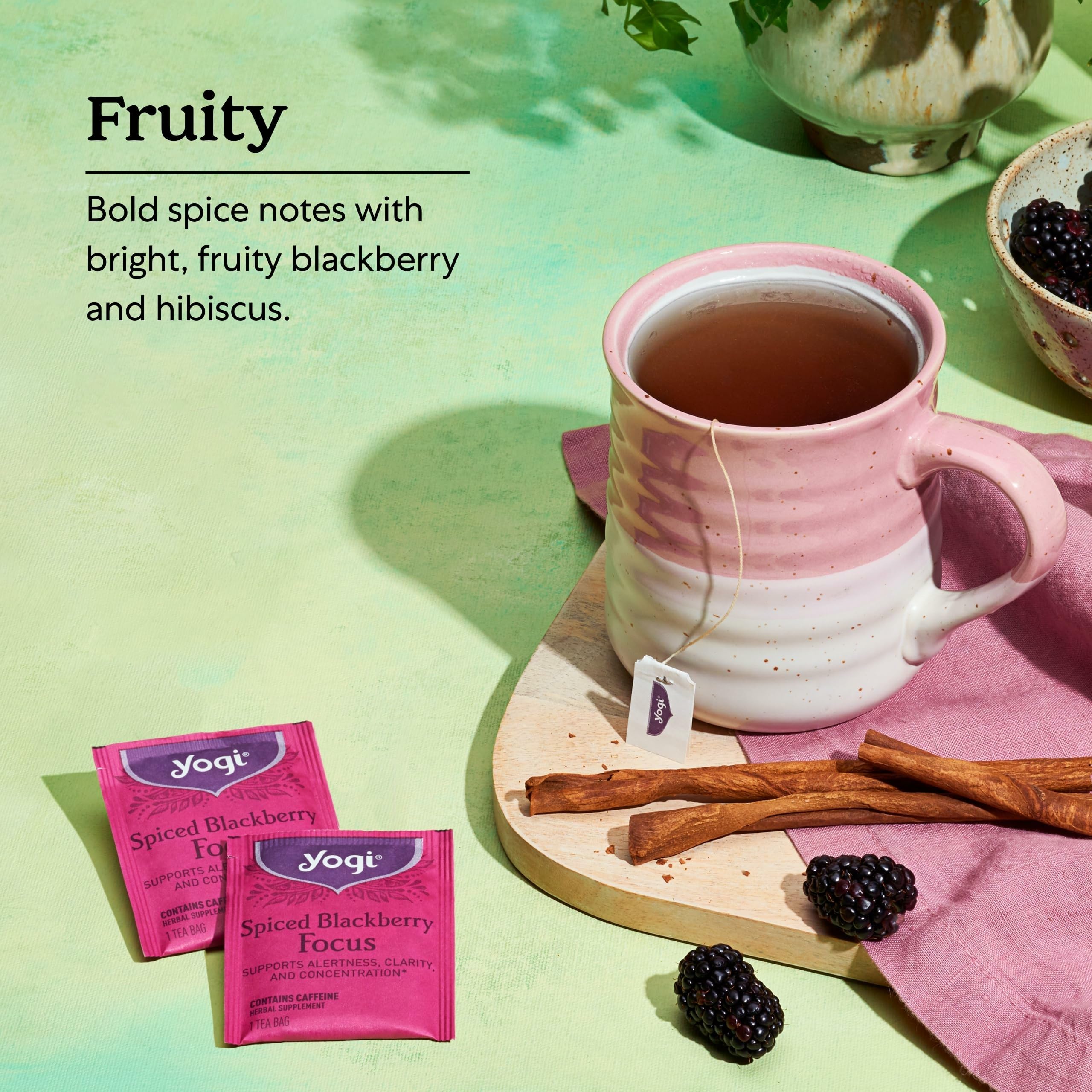 Yogi Spiced Blackberry Focus Tea label—organic, vegan, kosher in one box.