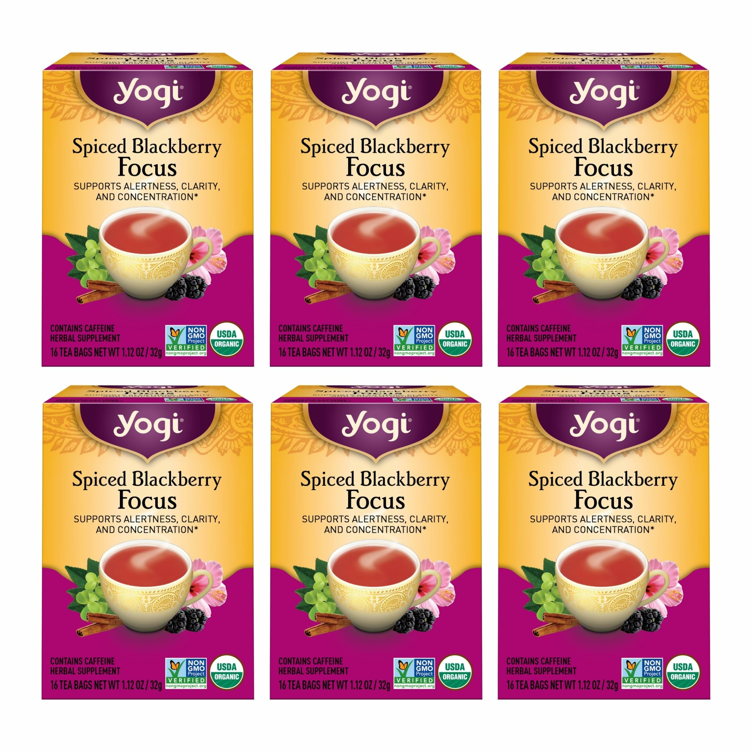 Yogi Spiced Blackberry Focus Tea pack—organic blend for focus.