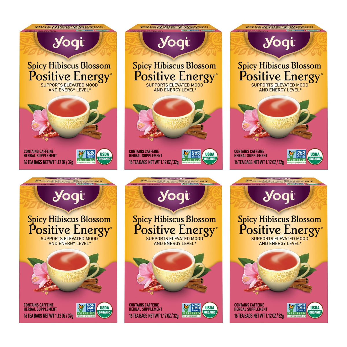 Yogi Spicy Hibiscus Blossom tea bag fuels afternoon energy with bold spice.