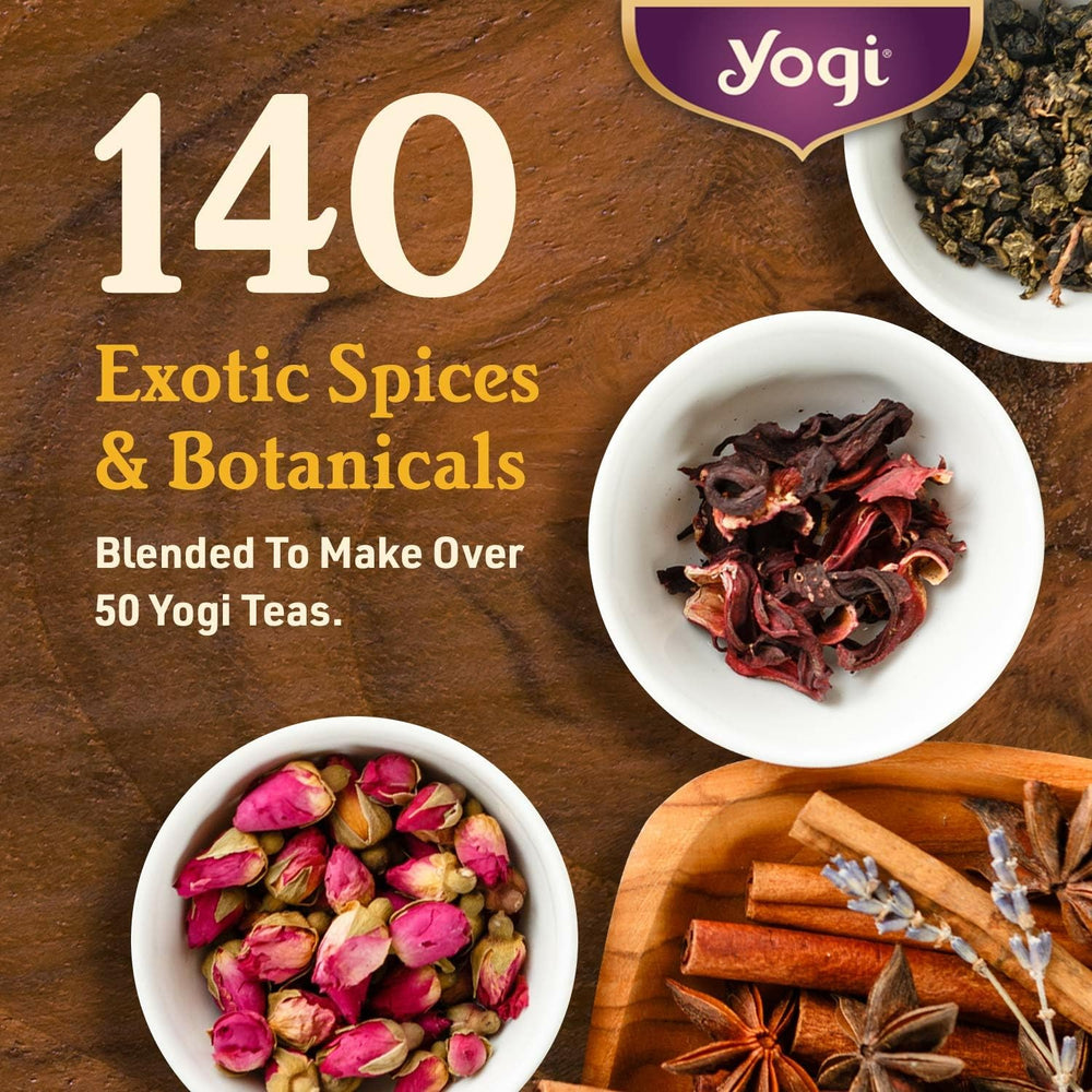 Close-up of Yogi Stomach Ease herbs showing caffeine-free relaxation.