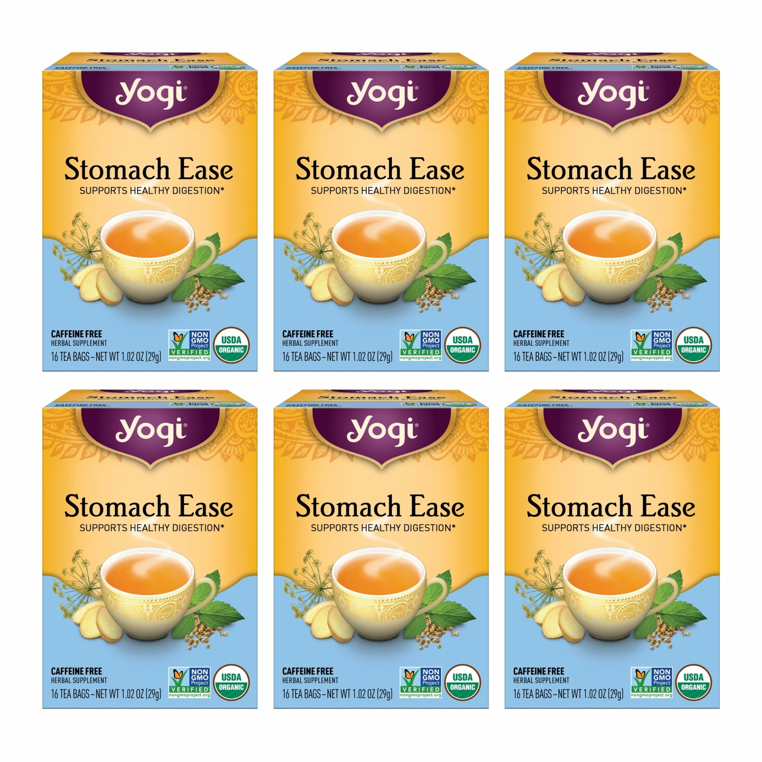 Yogi Stomach Ease packaging box for a convenient six-pack digestion tea.
