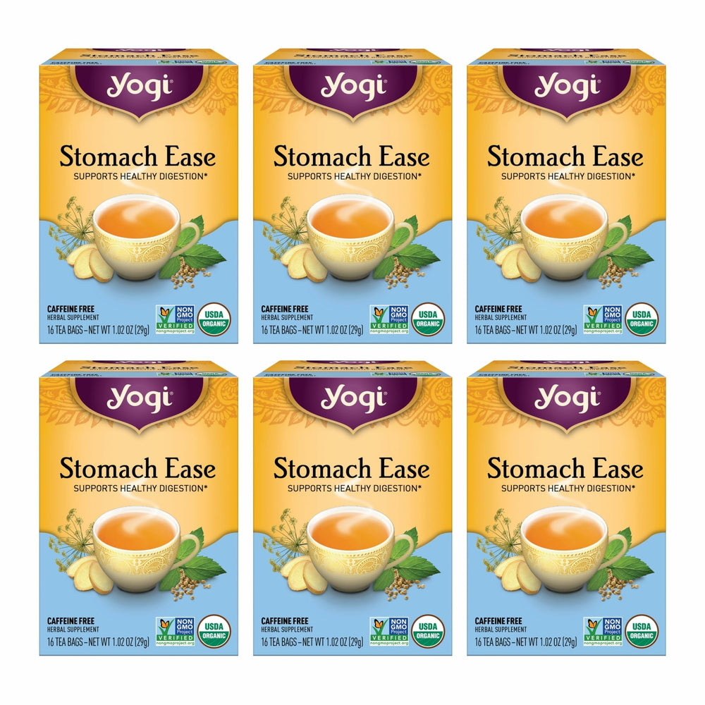 Yogi Stomach Ease packaging box for a convenient six-pack digestion tea.
