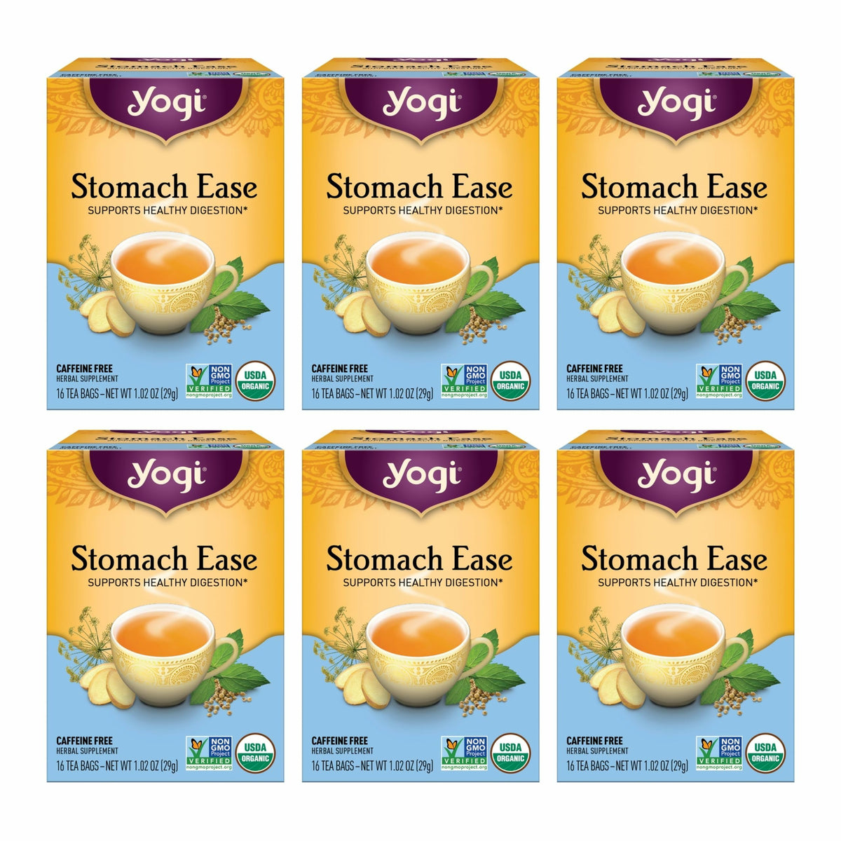 Yogi Stomach Ease packaging box for a convenient six-pack digestion tea.