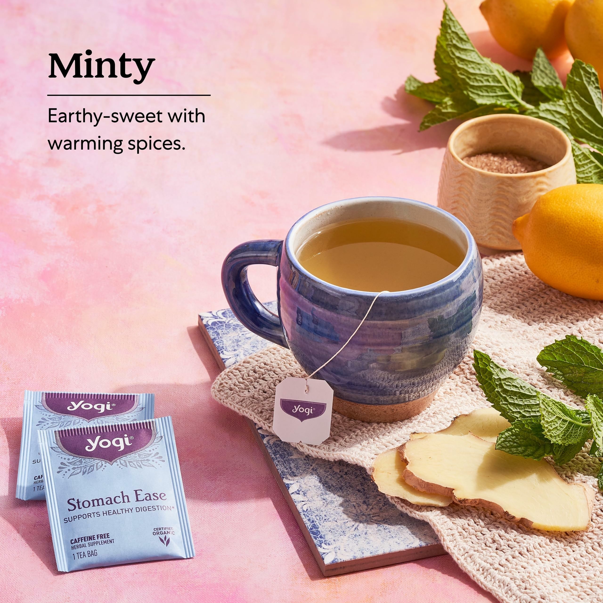 Yogi Stomach Ease peppermint leaves deliver refreshing digestive notes.