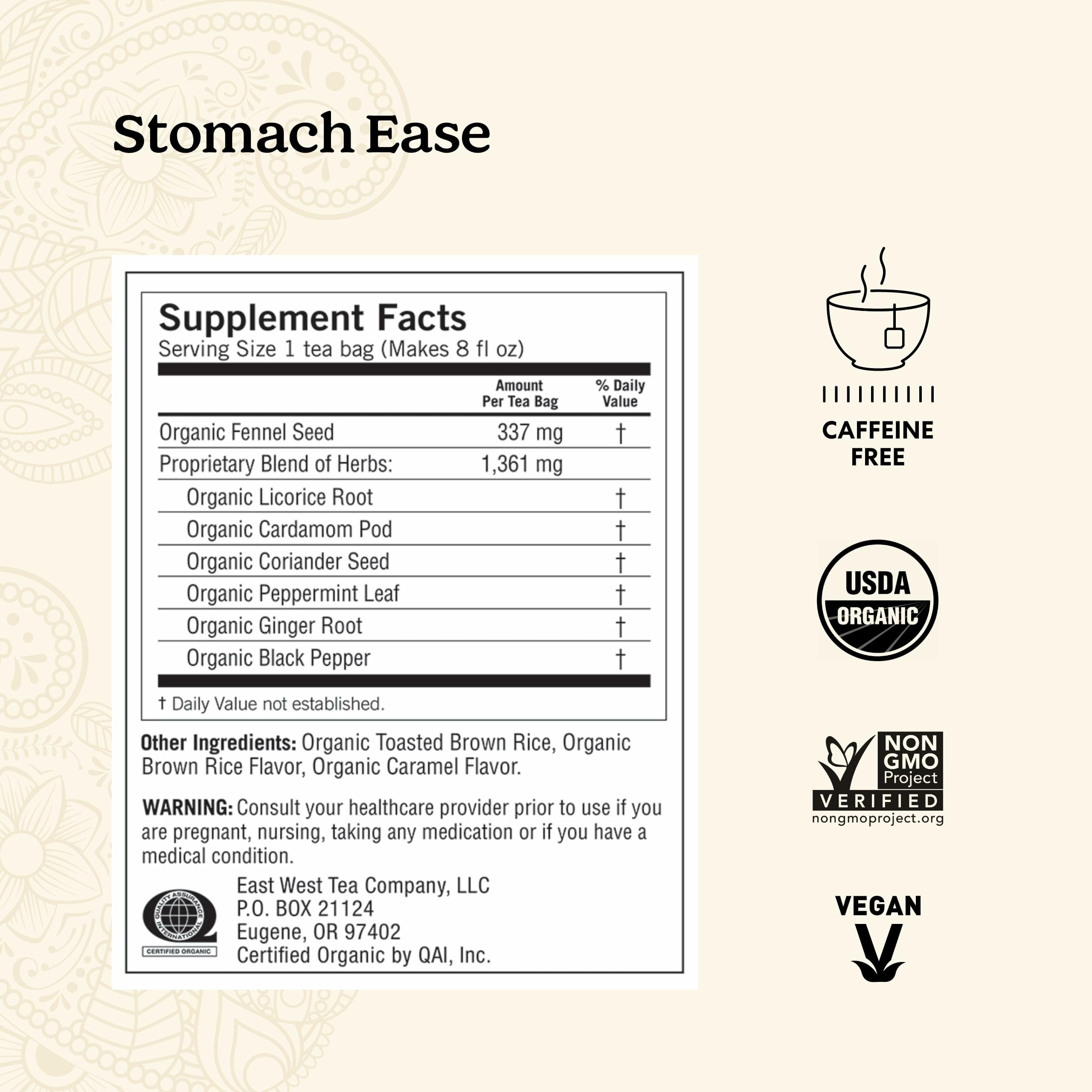 Yogi Stomach Ease tea bags display for a comforting brew.