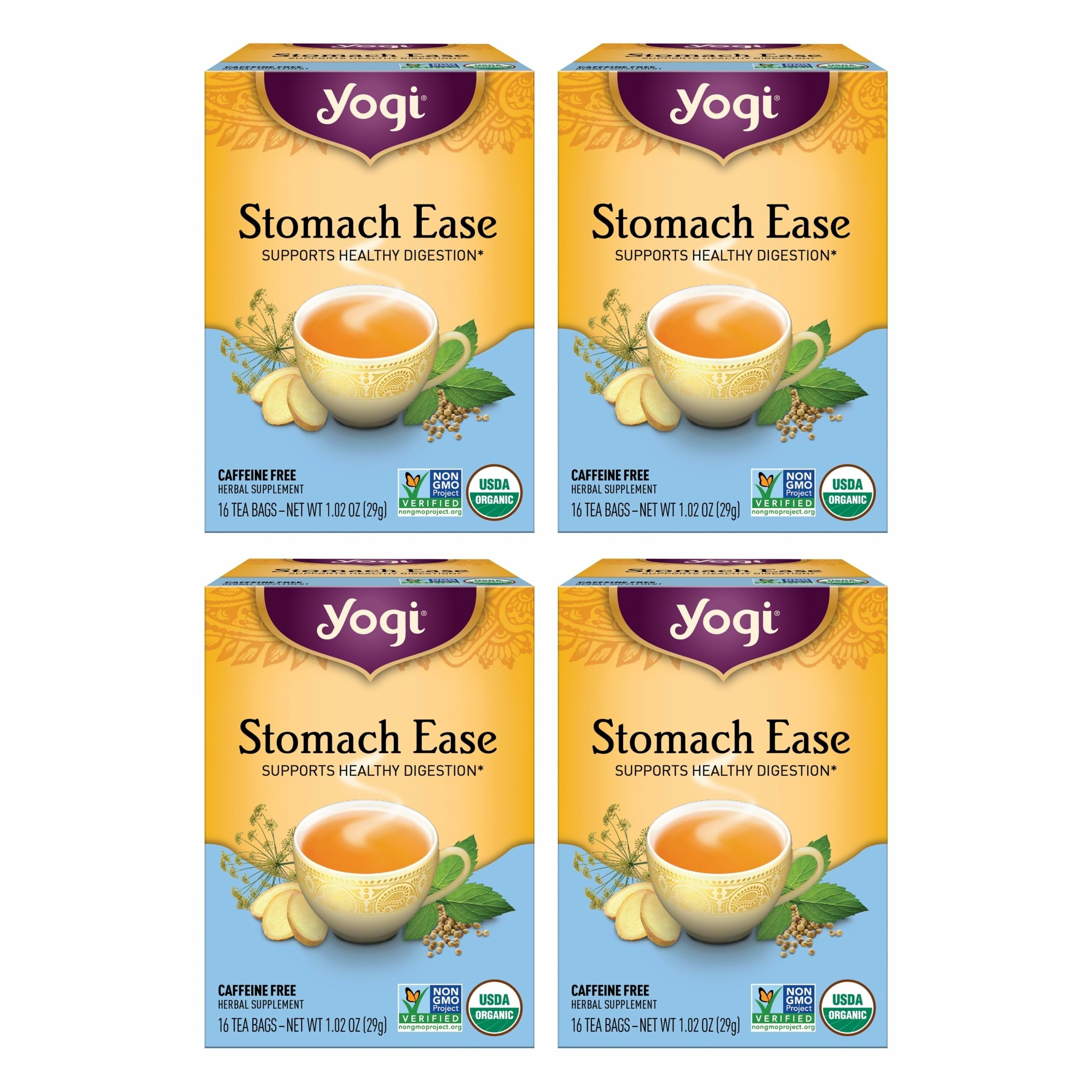 Yogi Stomach Ease tea box showing 16 bags per pack, ideal for digestive comfort.