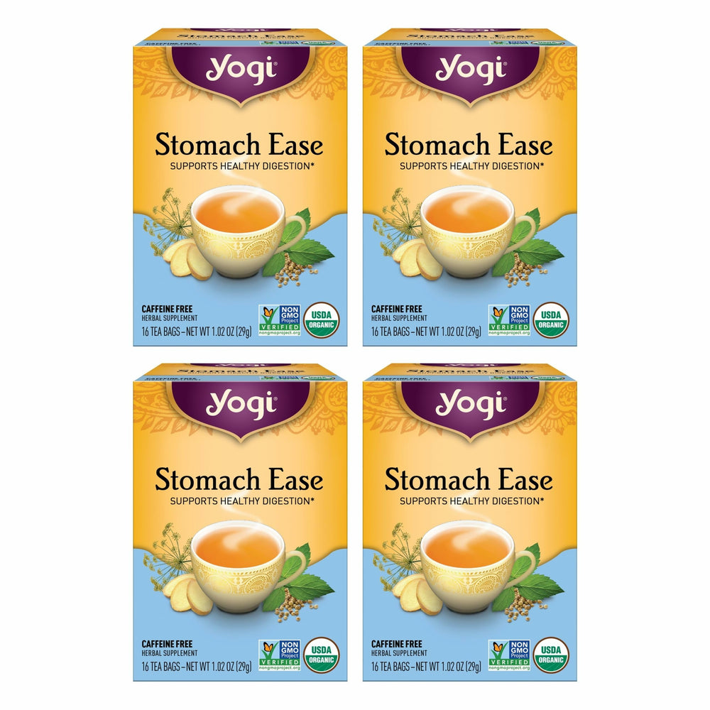 Yogi Stomach Ease tea box showing 16 bags per pack, ideal for digestive comfort.