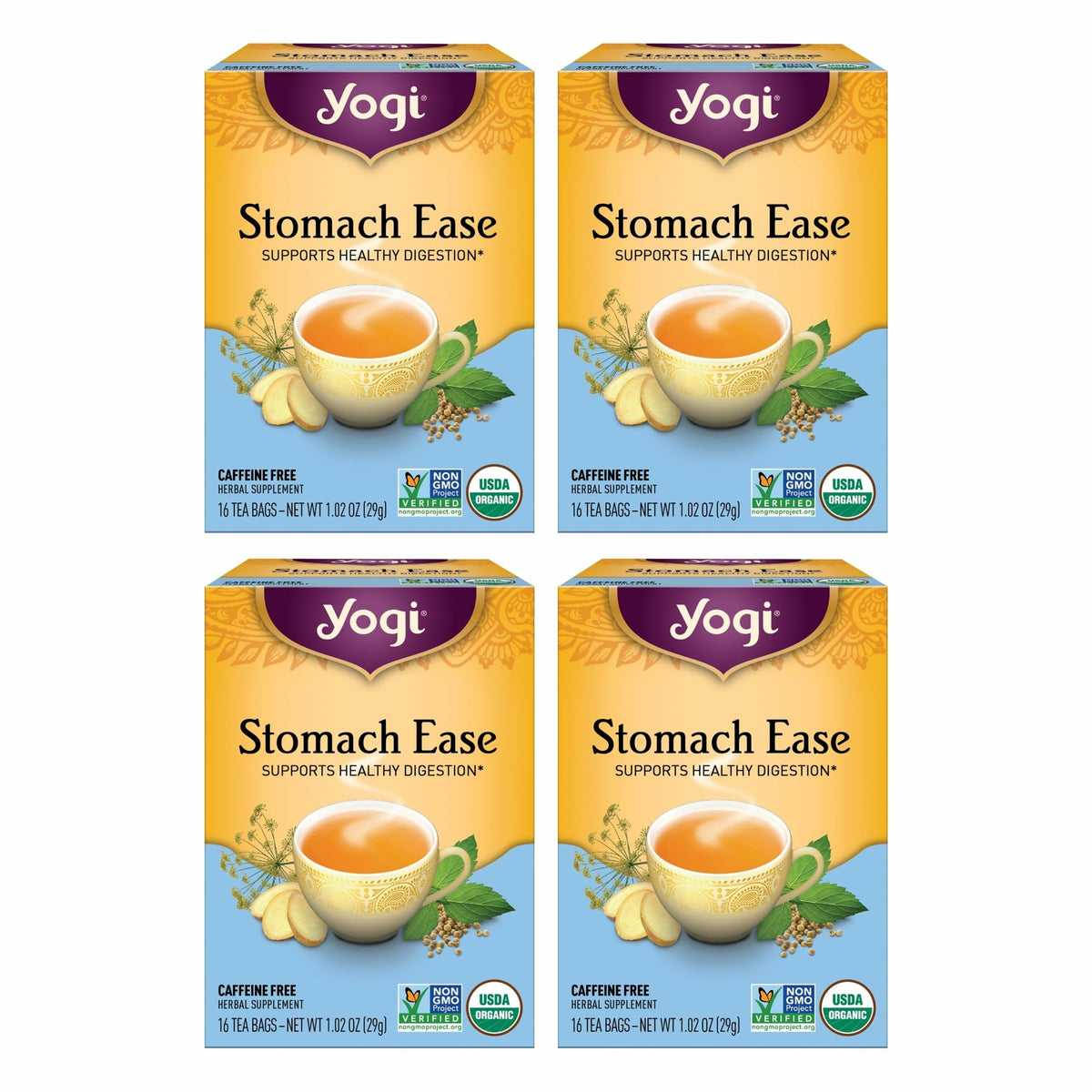 Yogi Stomach Ease tea box showing 16 bags per pack, ideal for digestive comfort.