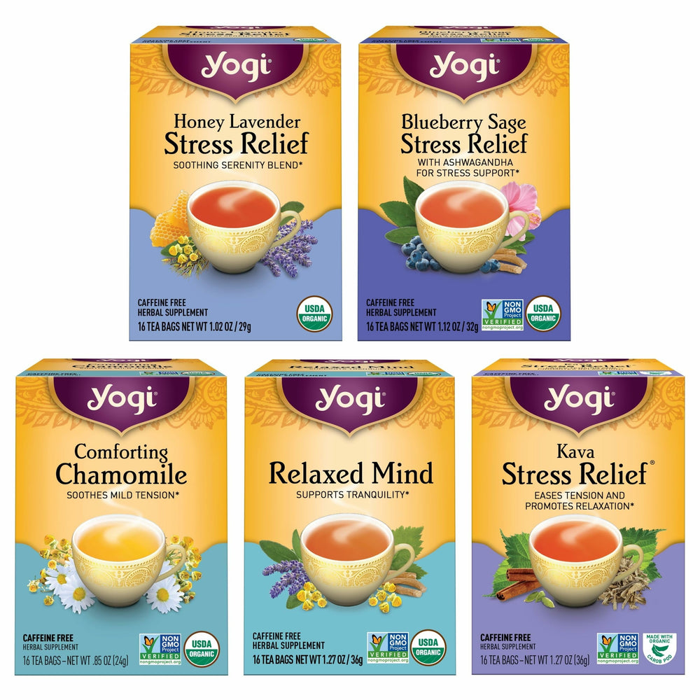 Yogi Stress Relief Blueberry Sage tea bag promotes calm evenings.