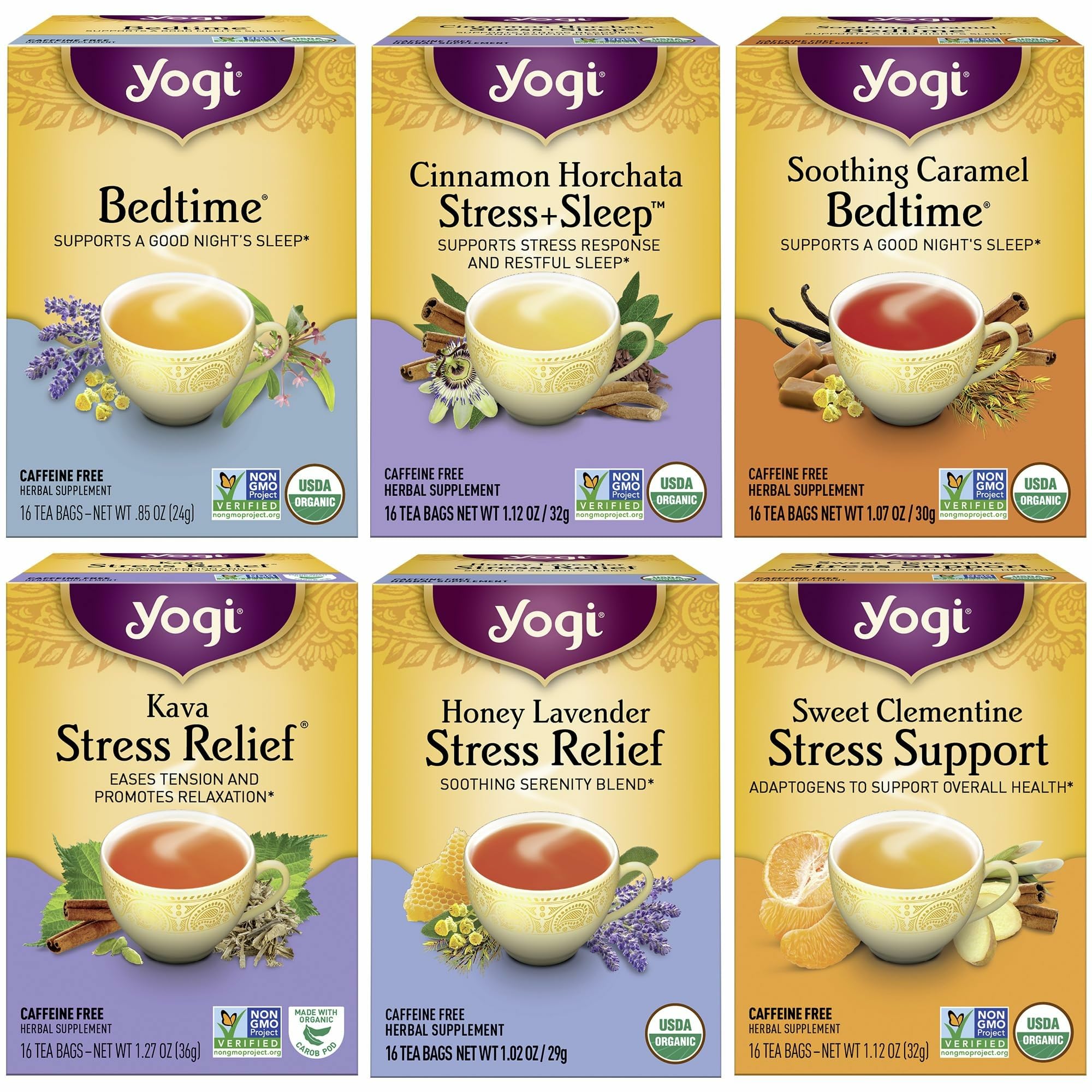 Yogi Stress Relief Variety Pack box shows six caffeine-free herbal teas for relaxation.