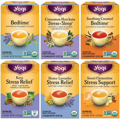 Yogi Stress Relief Variety Pack box shows six caffeine-free herbal teas for relaxation.