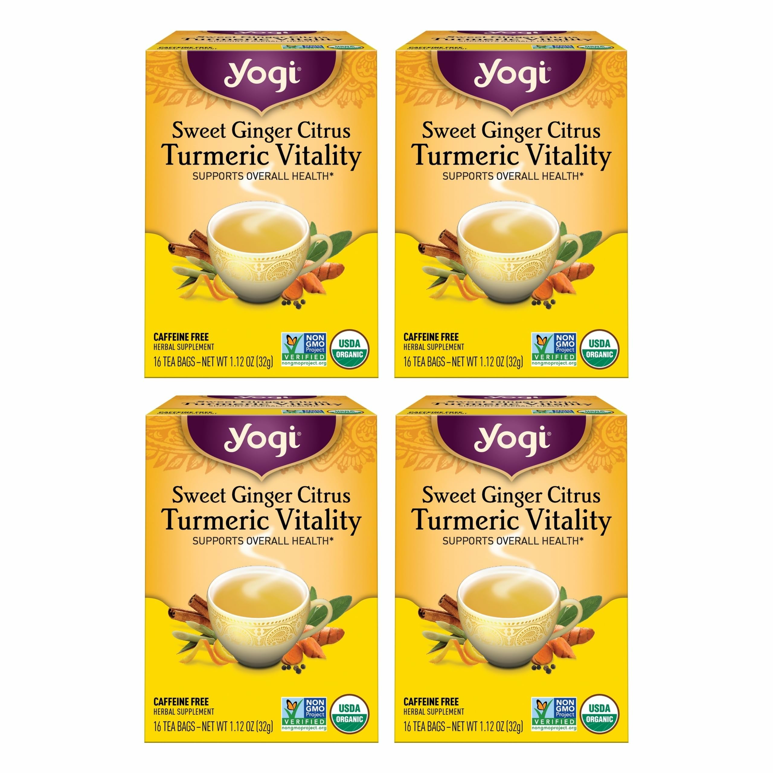 Yogi Sweet Ginger Citrus Turmeric Vitality bottle showing warm spices for daily wellness.