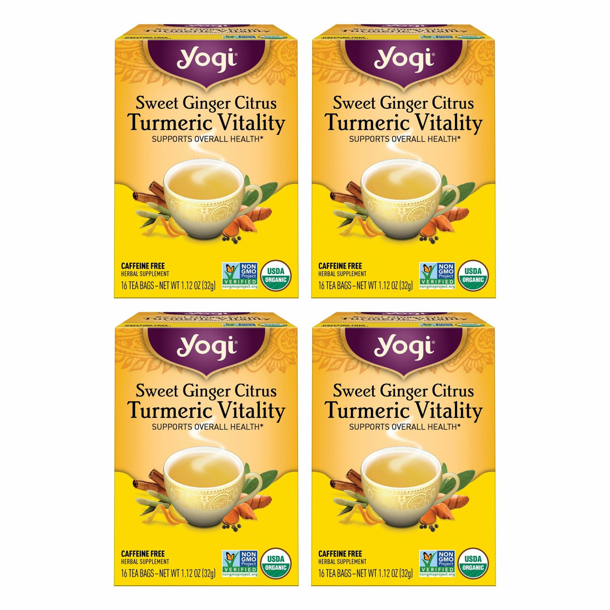 Yogi Sweet Ginger Citrus Turmeric Vitality bottle showing warm spices for daily wellness.