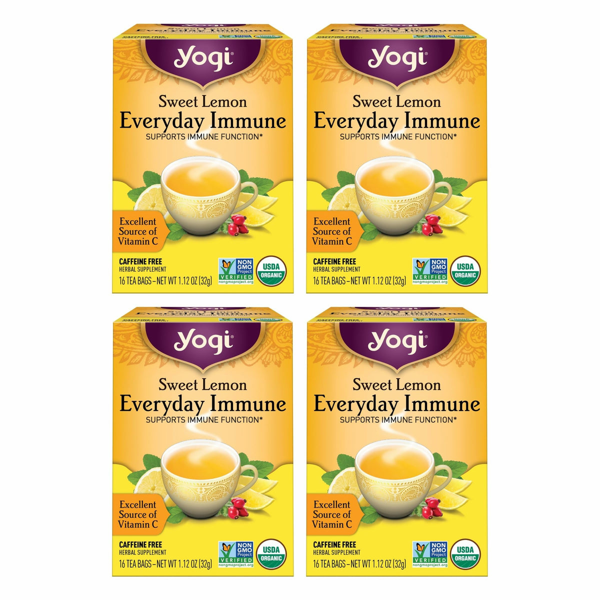 Yogi Sweet Lemon Everyday Immune tea pack shown for daily citrus flavor and immune routine.