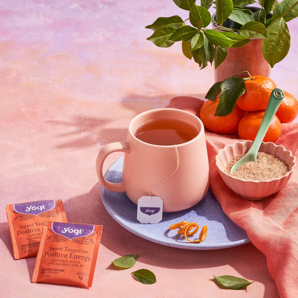 USDA Organic and Non-GMO verified Yogi tea packaging and labeling.