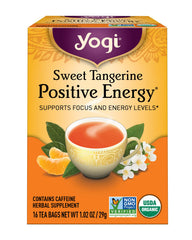 Yogi Sweet Tangerine Positive Energy tea bag ready to brew, citrus aroma.