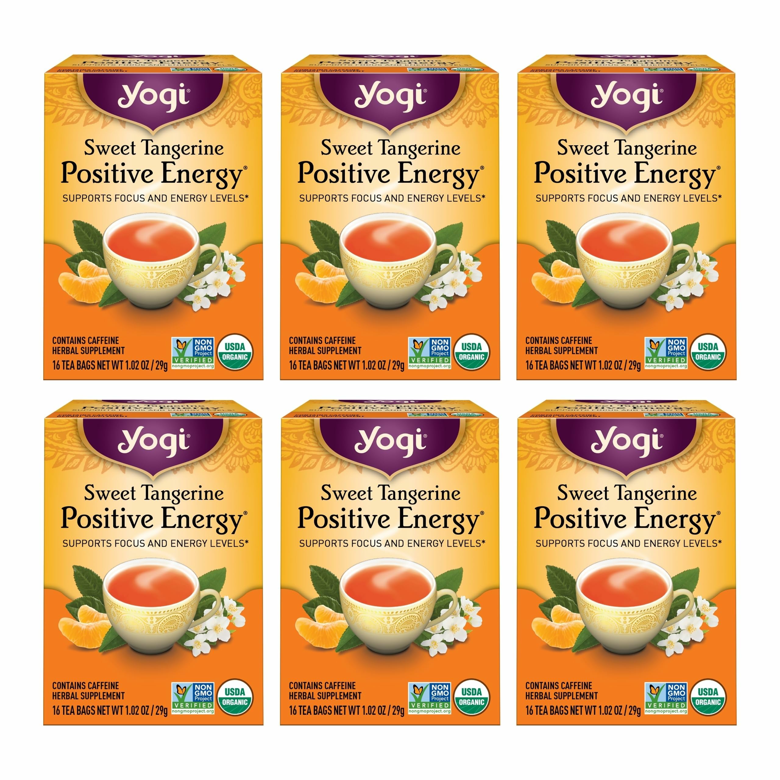 Yogi Sweet Tangerine Positive Energy Tea packaging highlights organic ingredients for a clean cup.