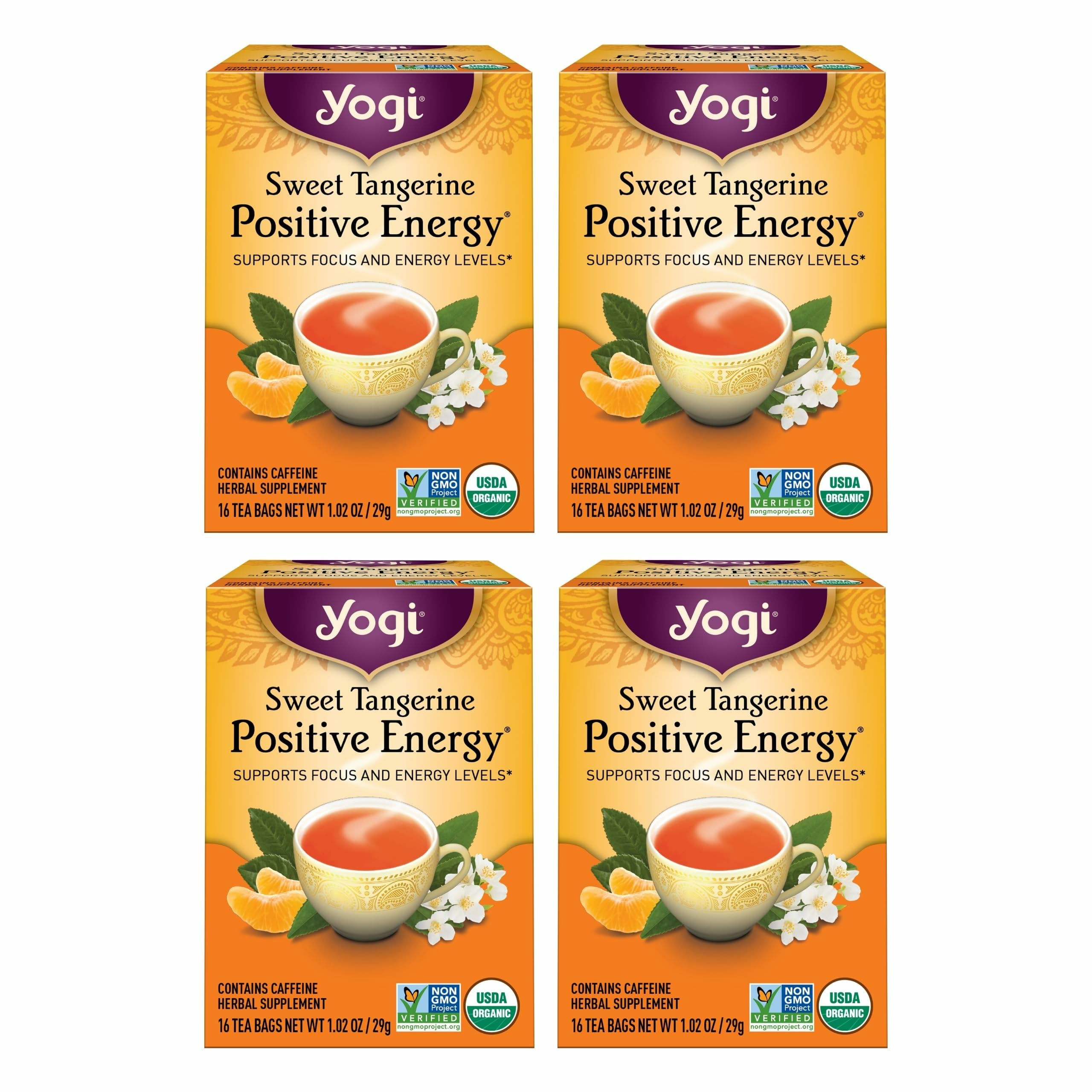 Packaging of Yogi Sweet Tangerine Positive Energy Tea with four-pack box for energy on the go.