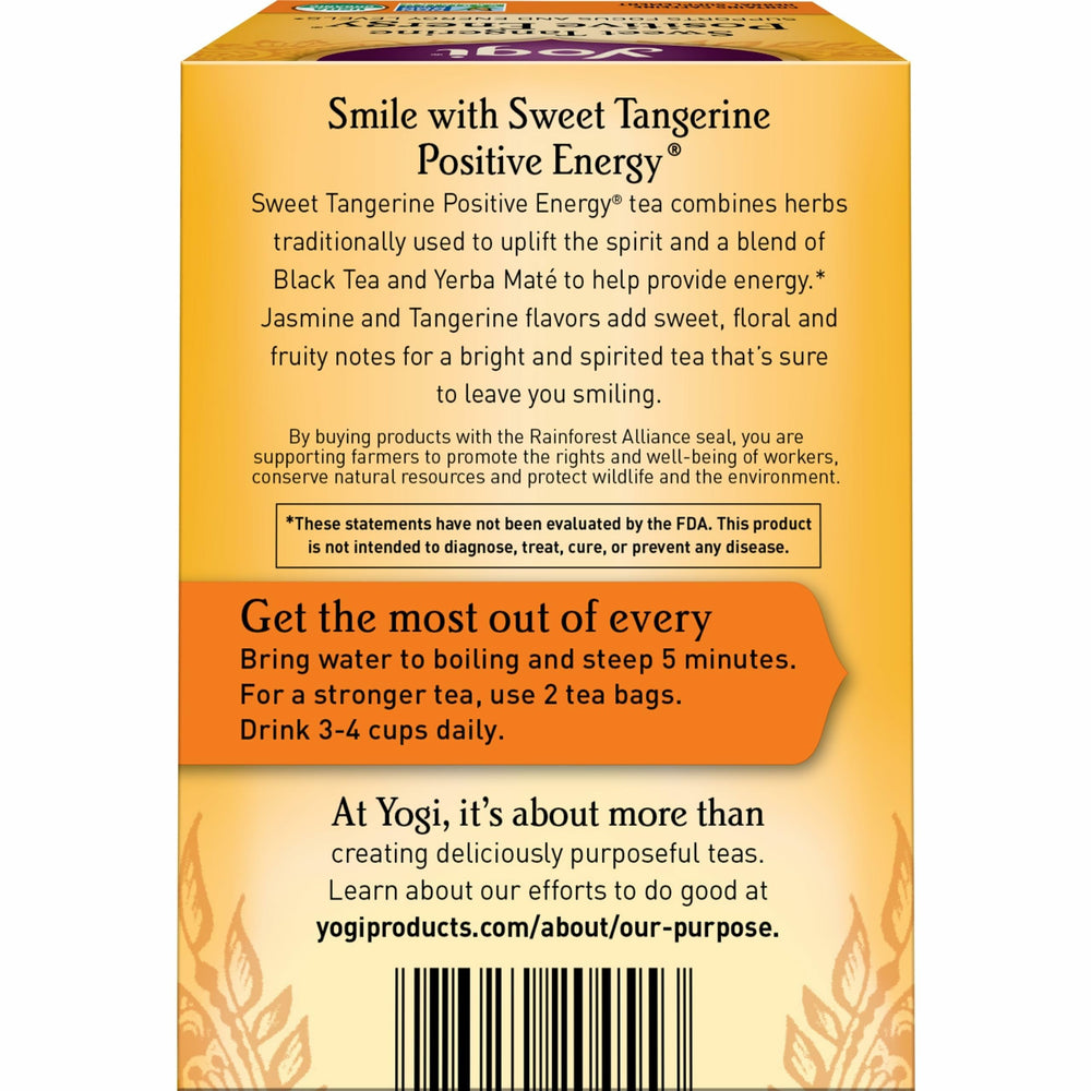Yogi Sweet Tangerine Positive Energy Tea close-up of tangerine-lotus flavor notes.