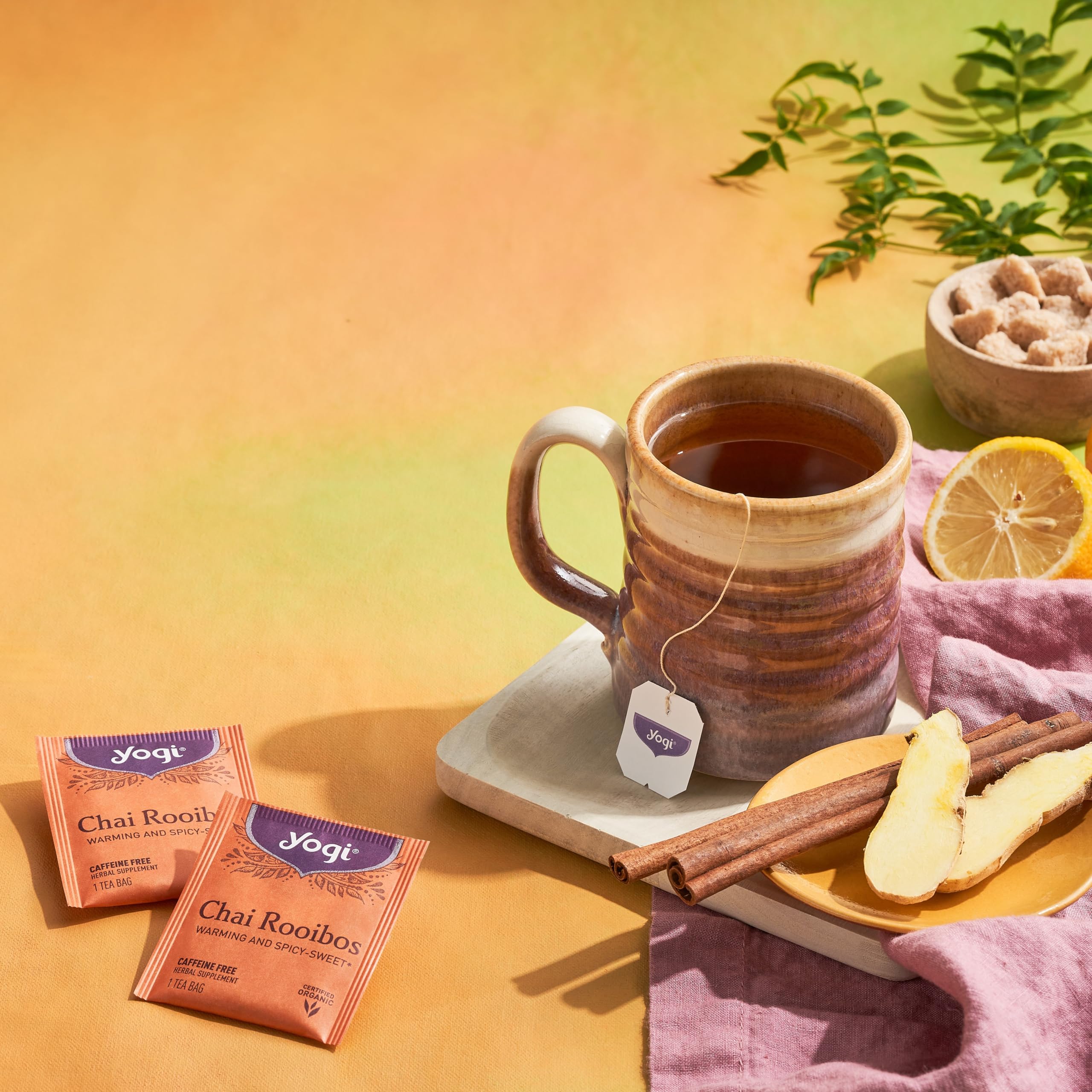 Yogi's B Corp and Ethical Tea Partnership labels on the product