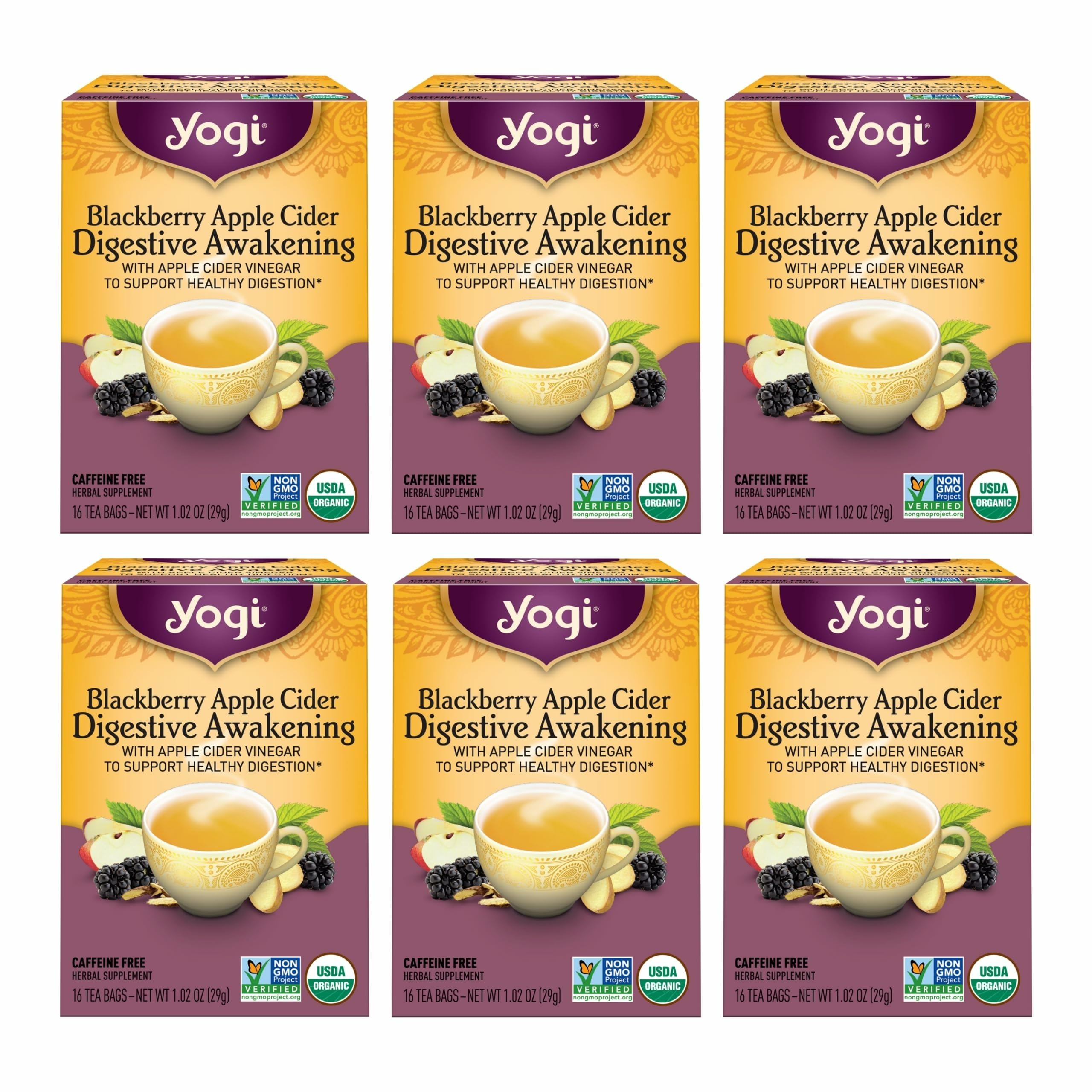 Yogi Tea box packaging showcasing organic blackberry apple cider blend for daily wellness.