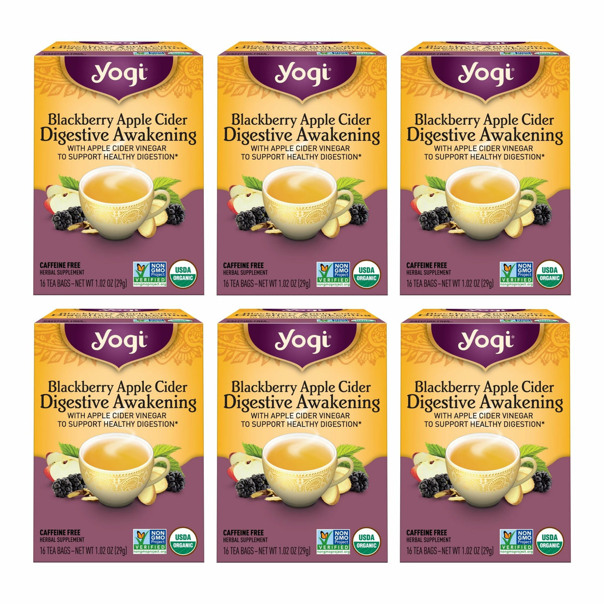 Yogi Tea box packaging showcasing organic blackberry apple cider blend for daily wellness.