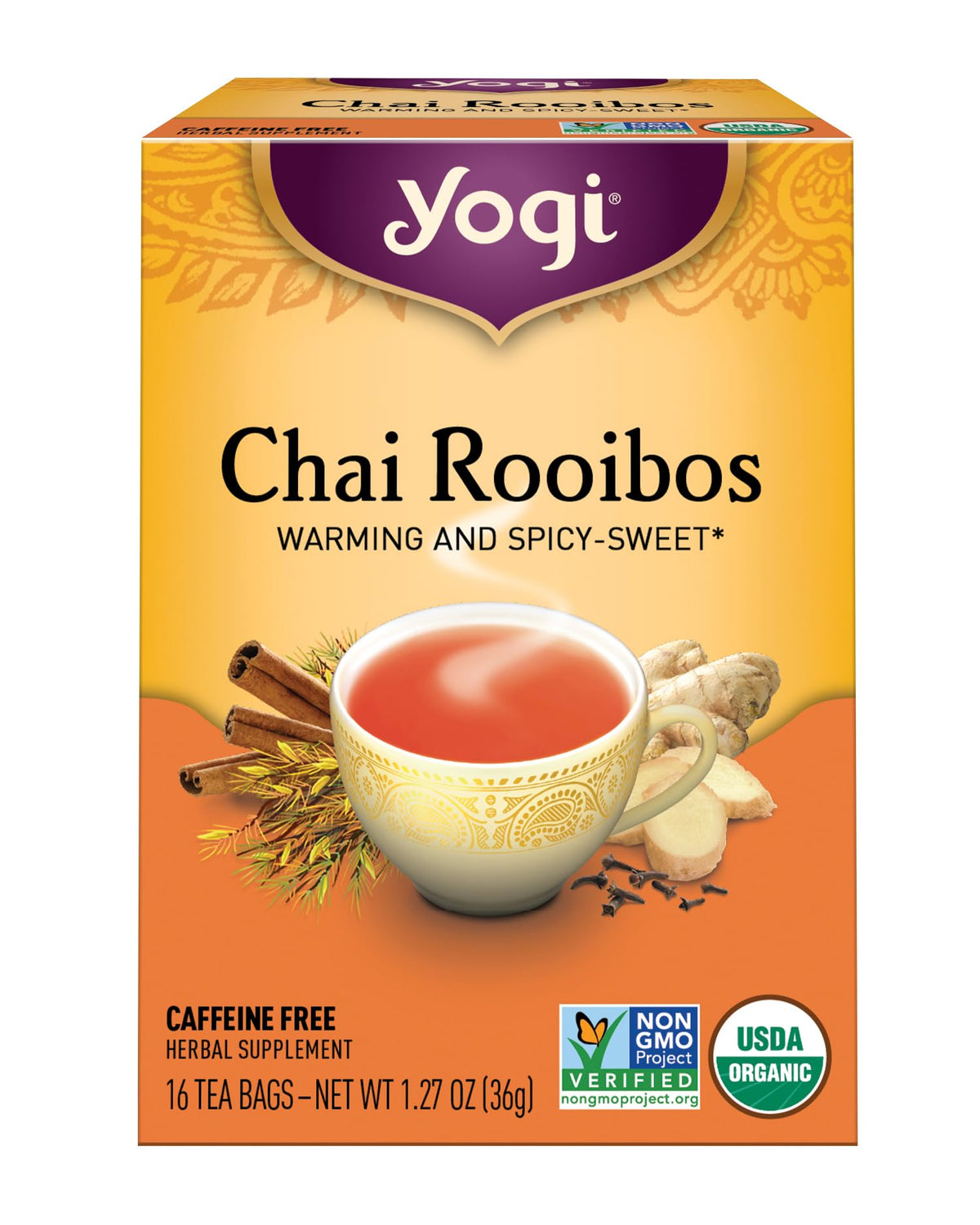 Yogi Tea Chai Rooibos packaging highlights organic certification and eco-friendly design