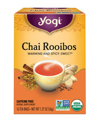 Yogi Tea Chai Rooibos packaging highlights organic certification and eco-friendly design
