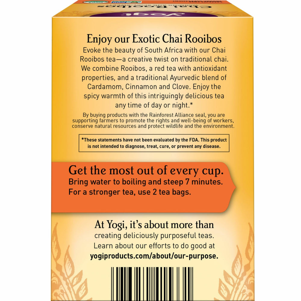 Yogi Chai Rooibos with cardamom, cinnamon, and clove flavor depth