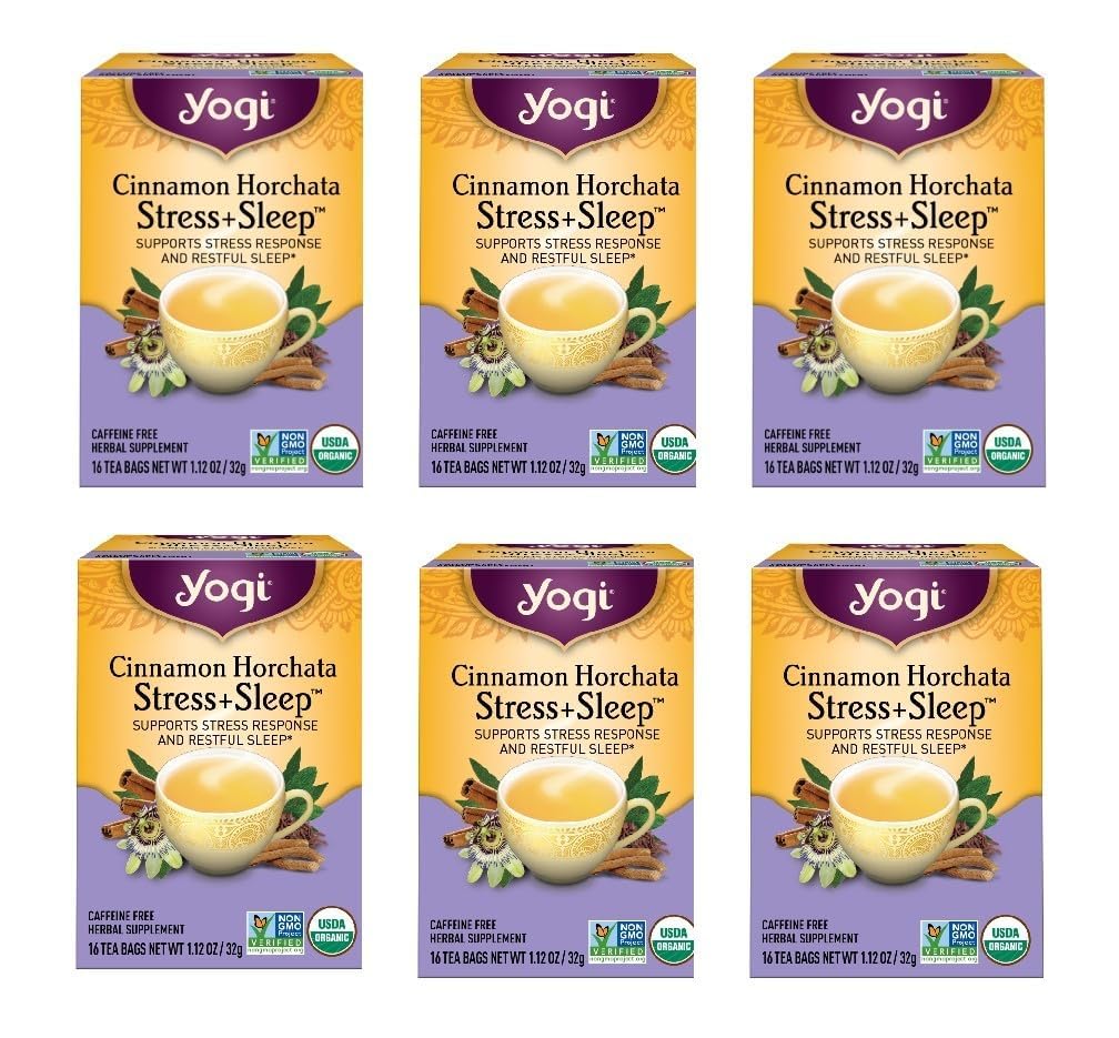 Yogi Cinnamon Horchata packaging on shelf highlighting organic sleep tea