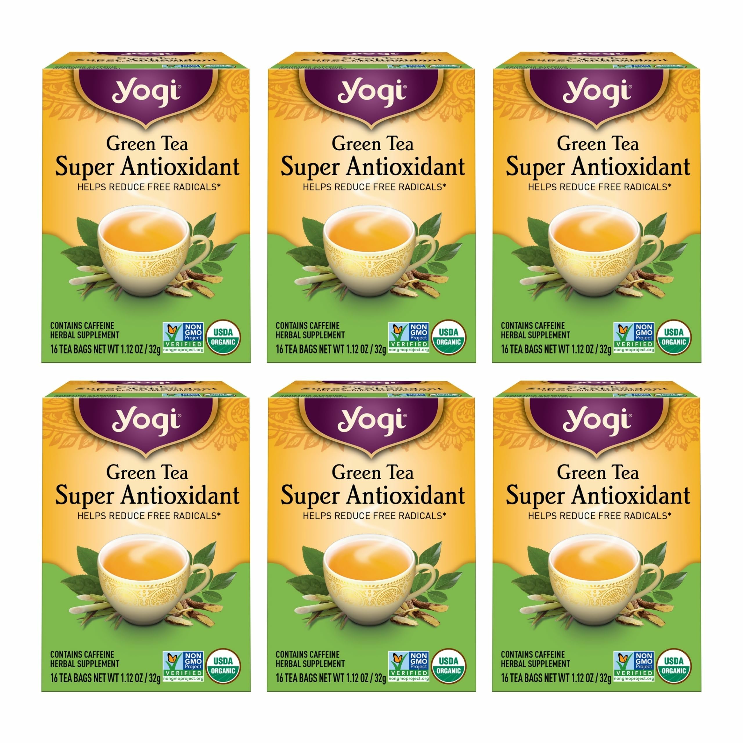 Yogi Tea Green Tea Super Antioxidant packaging with organic and non-GMO hints
