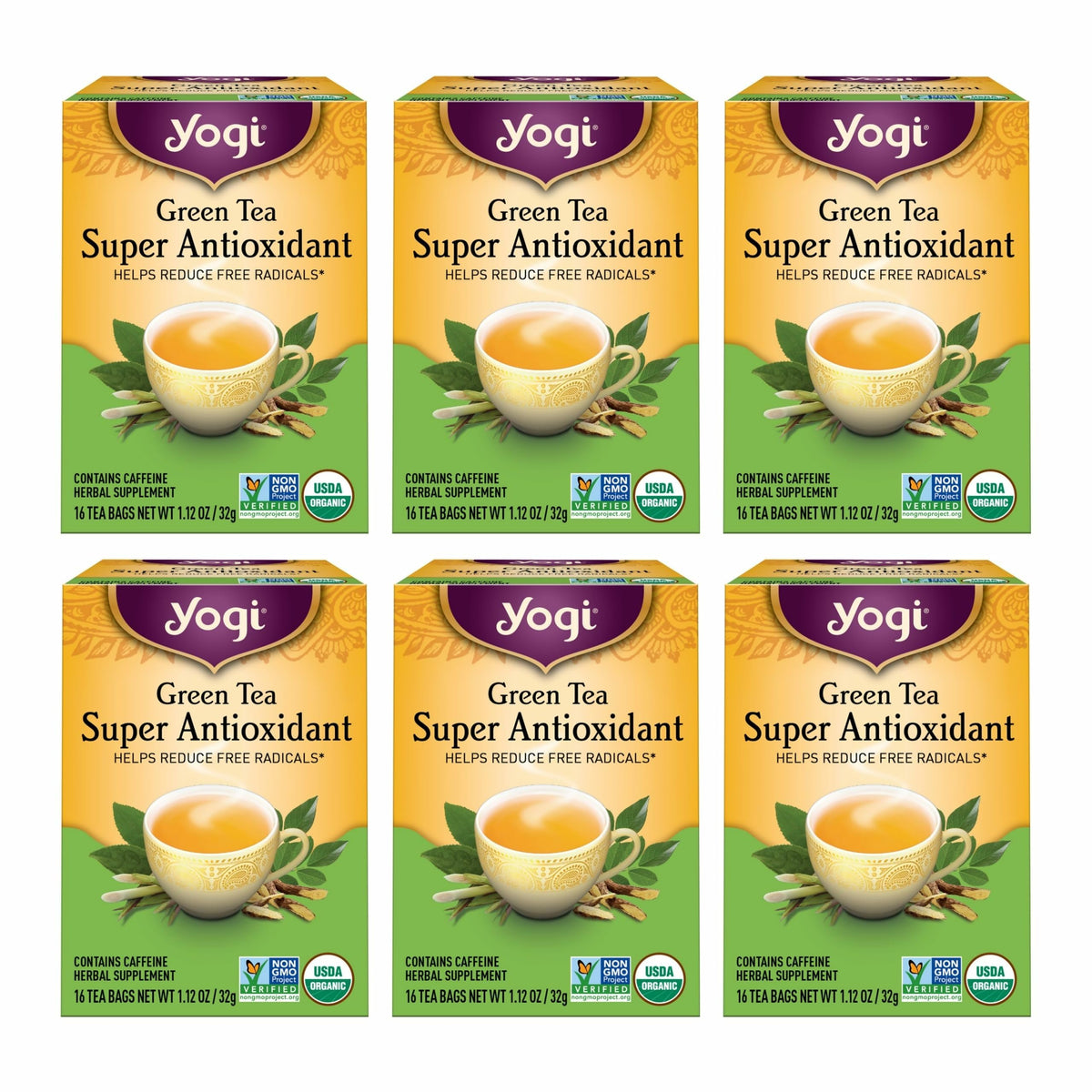 Yogi Tea Green Tea Super Antioxidant packaging with organic and non-GMO hints