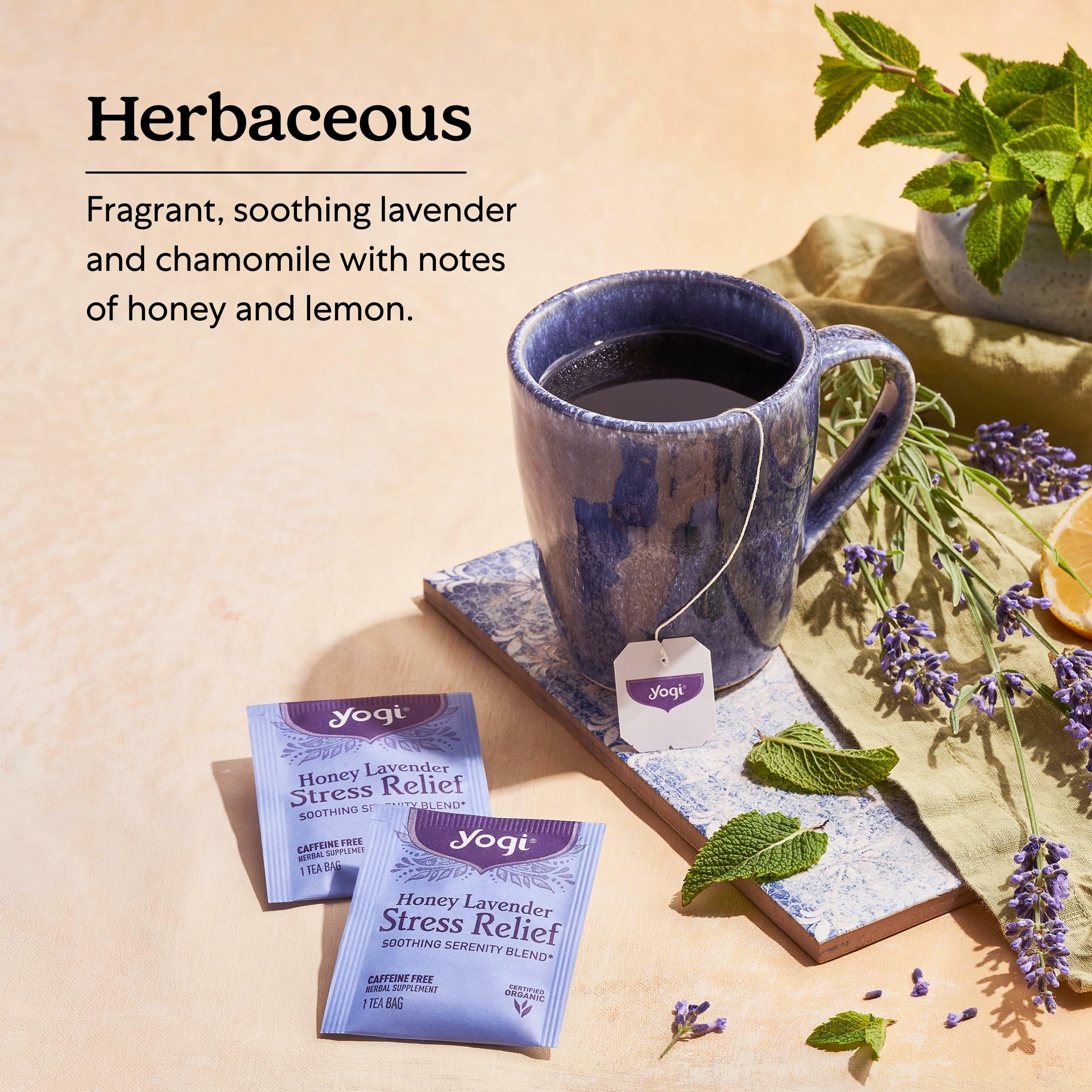 Yogi Tea lavender blooms in the blend for a calming aroma.