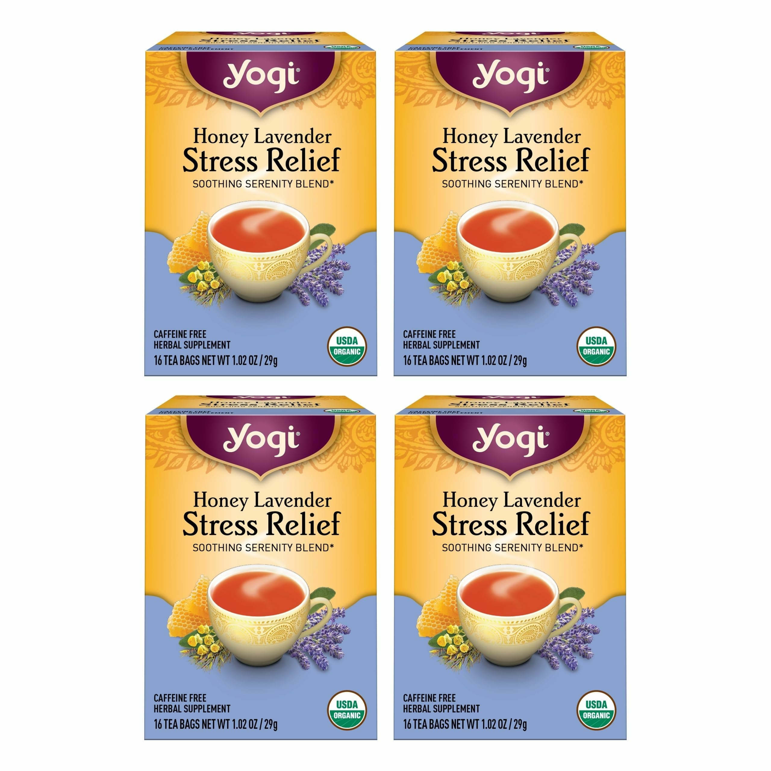 Yogi Tea Honey Lavender Stress Relief pack promotes calm evenings with an organic blend.
