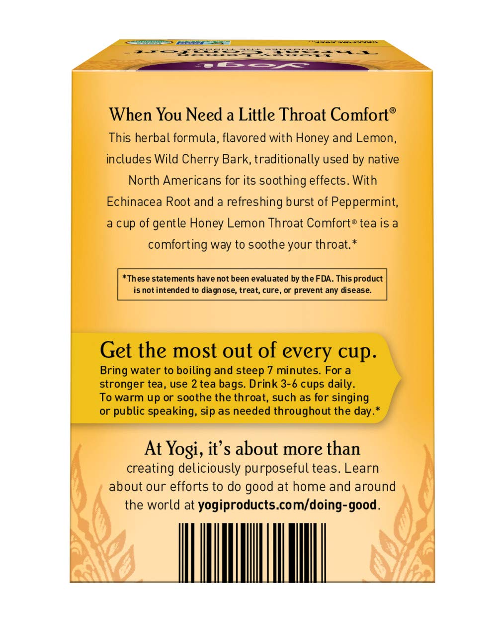 Yogi Honey Lemon Throat Comfort organic label emphasizes organic sourcing for trusted quality.