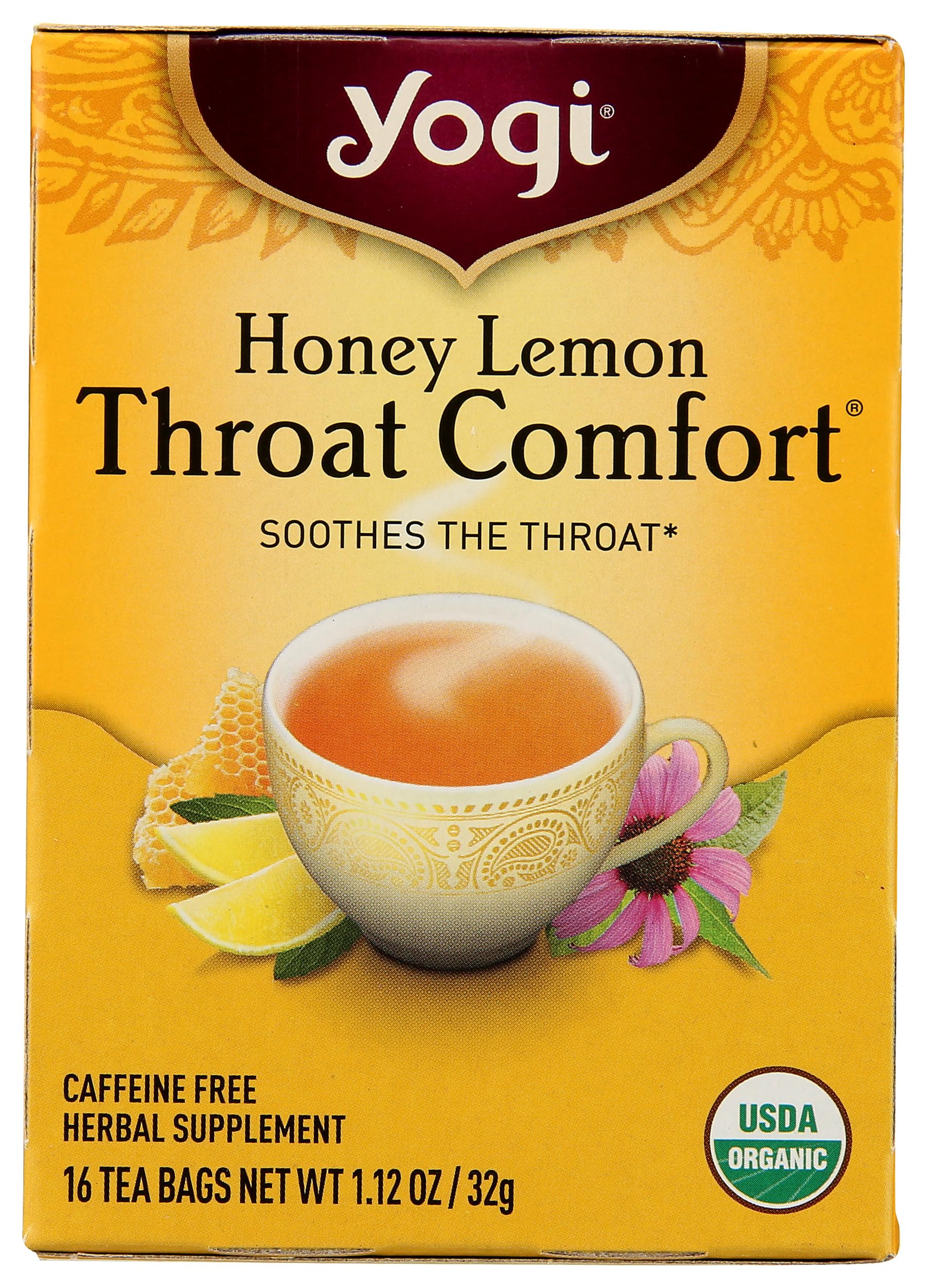 Yogi Tea Honey Lemon Throat Comfort packaging showcases soothing herbal blend