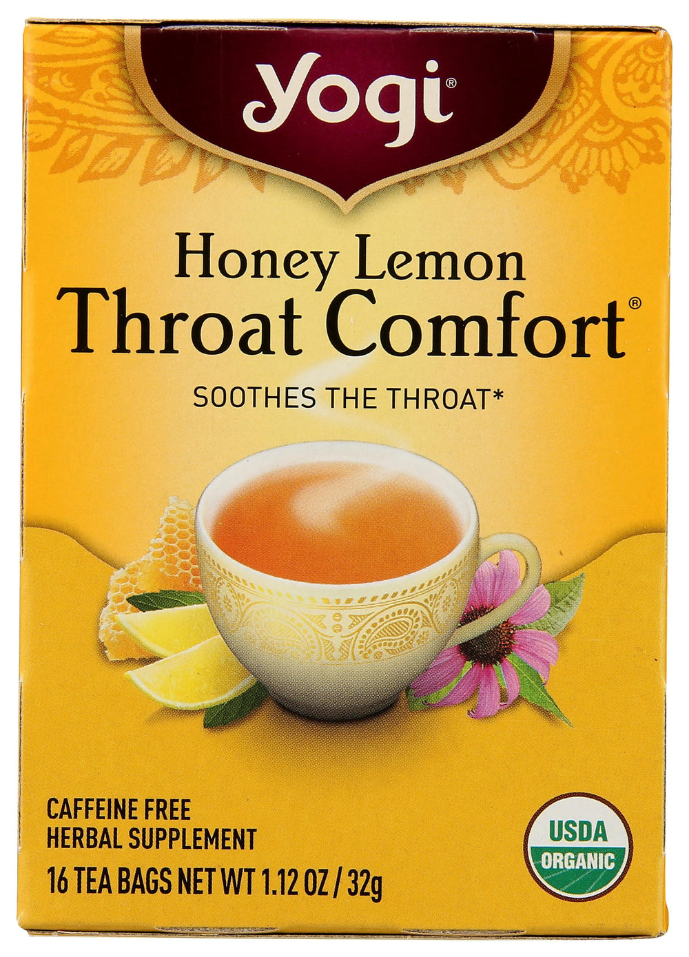 Yogi Tea Honey Lemon Throat Comfort packaging showcases soothing herbal blend