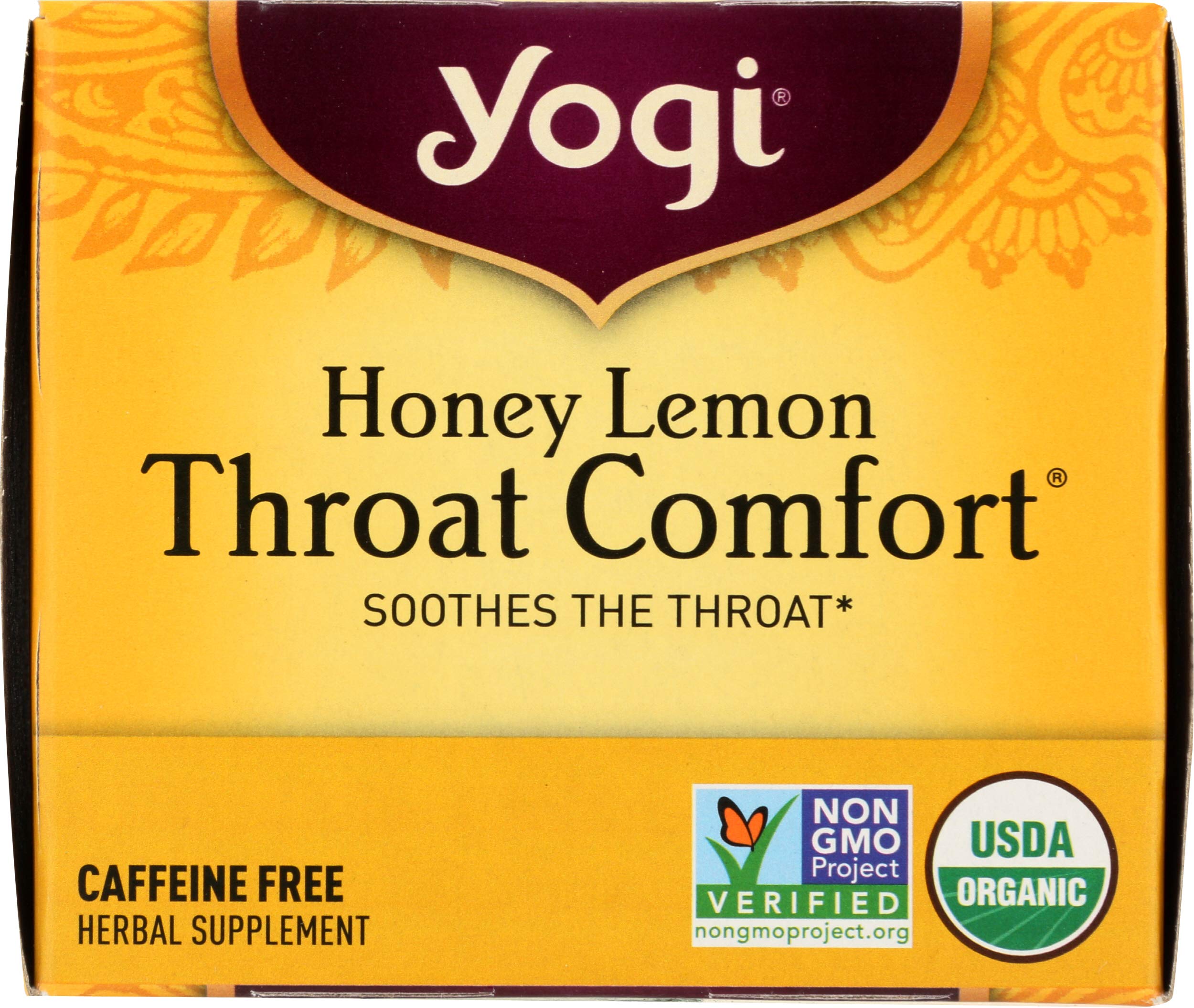 Yogi Honey Lemon Throat Comfort relaxing scene suggests cozy, soothing tea break.