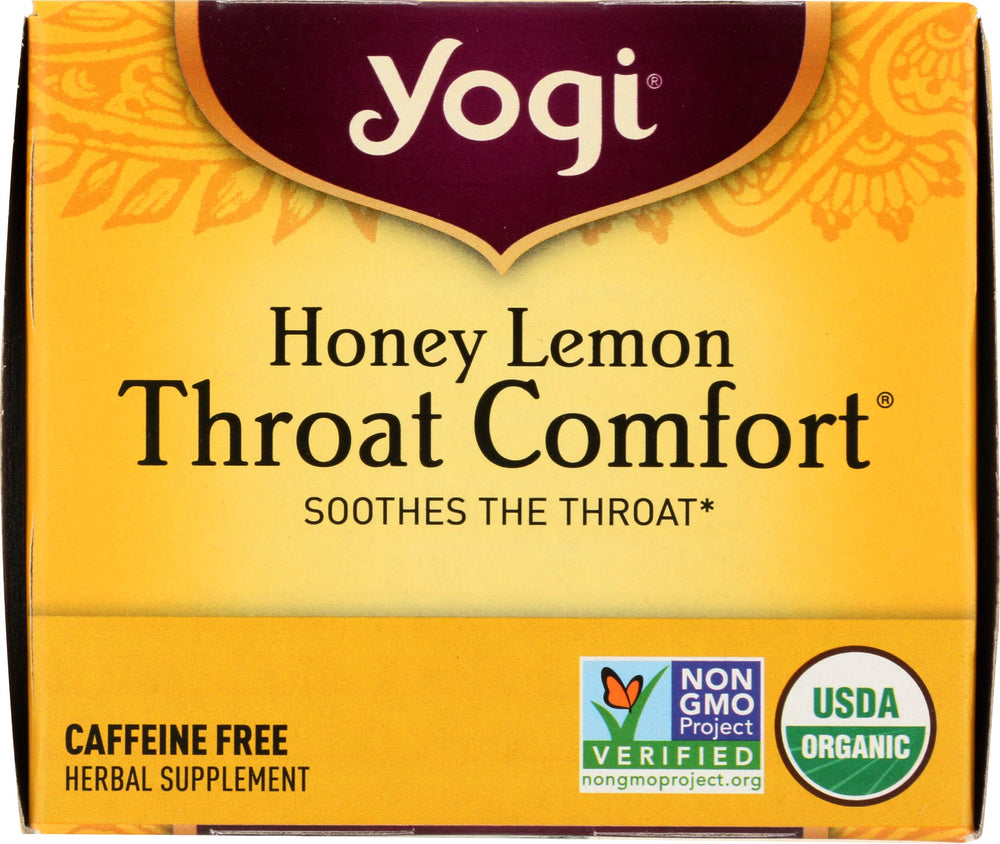 Yogi Honey Lemon Throat Comfort relaxing scene suggests cozy, soothing tea break.