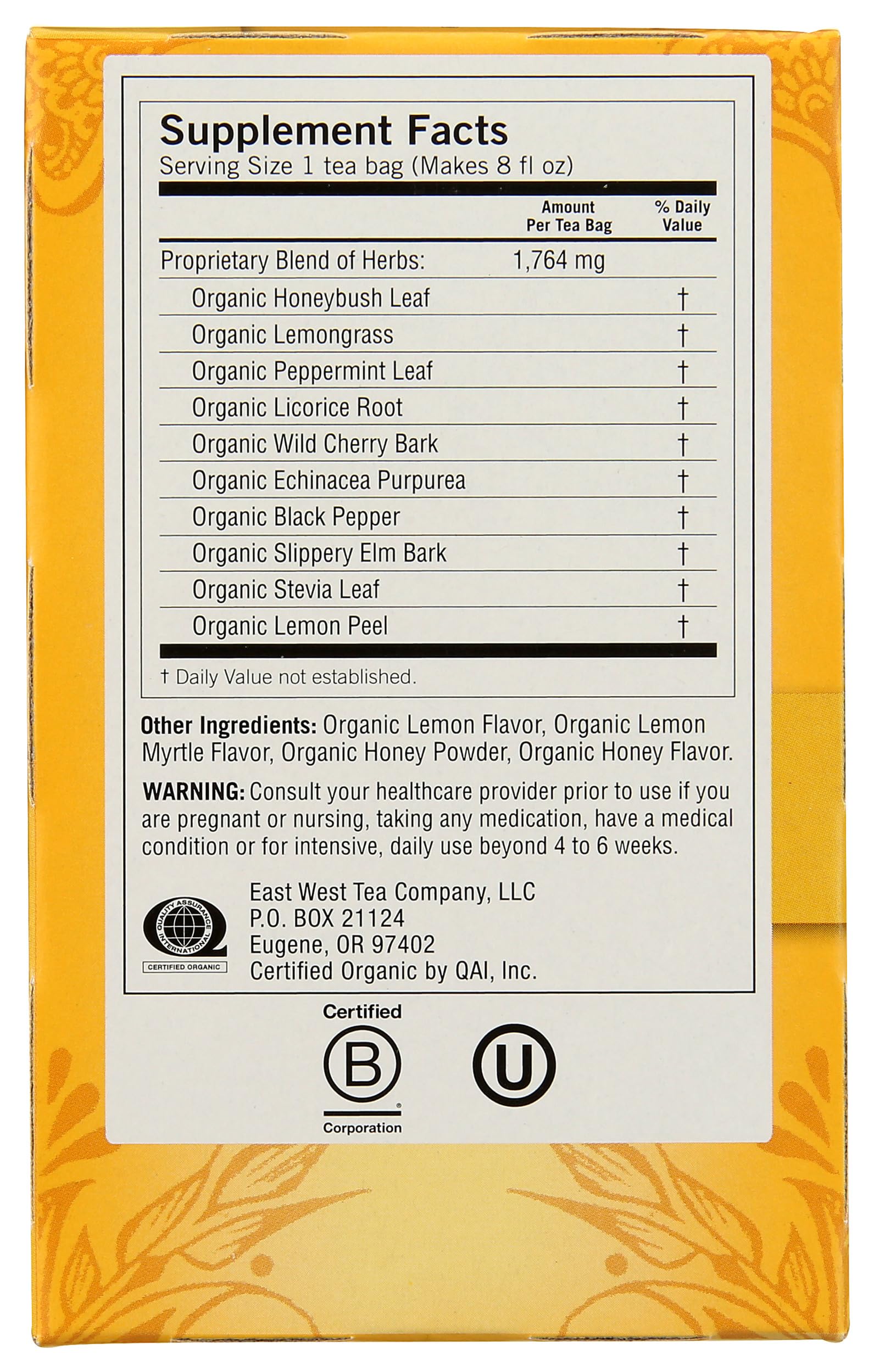 Yogi Tea Honey Lemon Throat Comfort steaming cup with aroma and soothing options