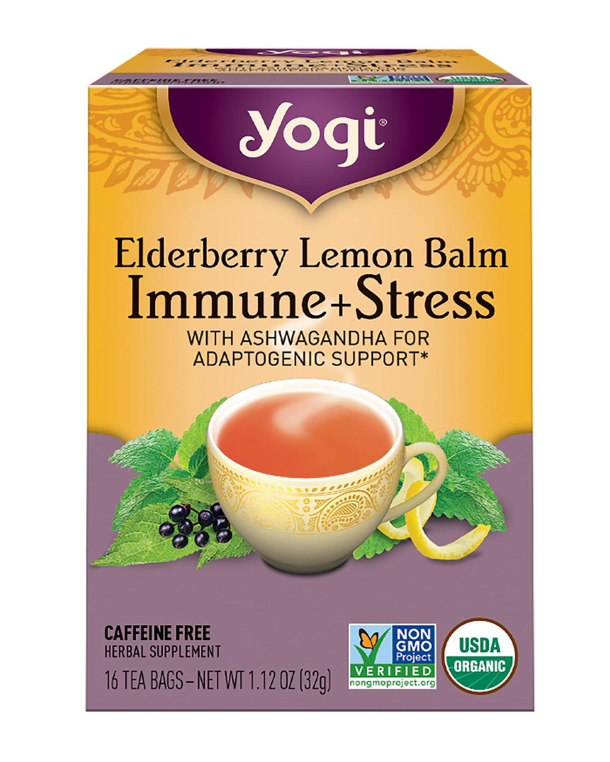 Yogi Tea lemon balm elderberry immune stress tea cup for citrusy calm and immune support