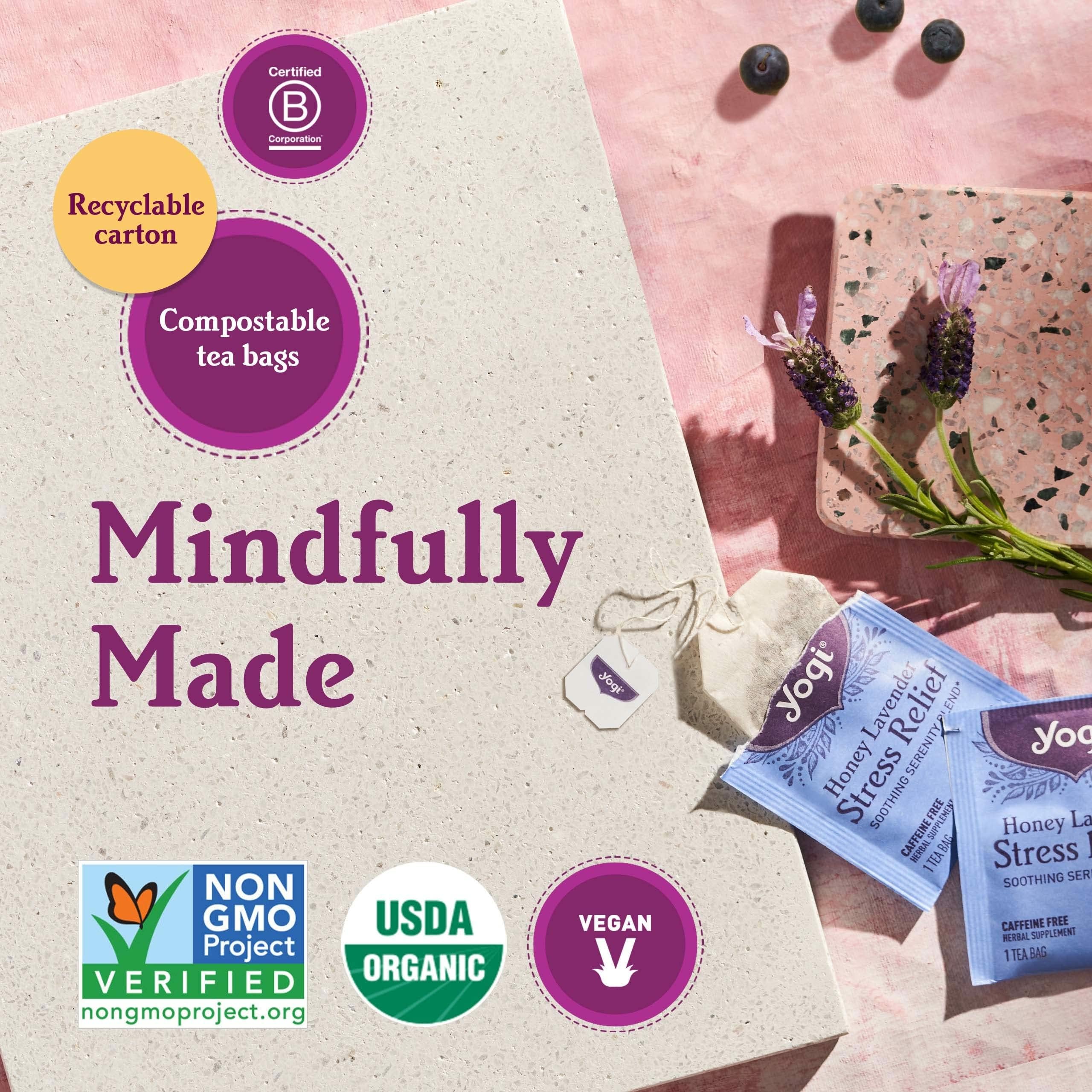 Yogi Tea Organic ingredients label close-up on natural tea blend.