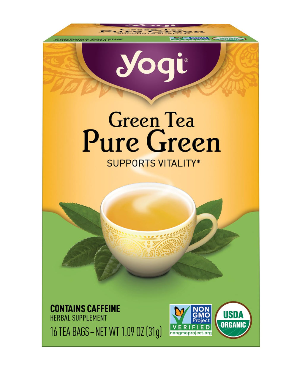Yogi Tea Pure Green packaging showing premium organic leaves for freshness.